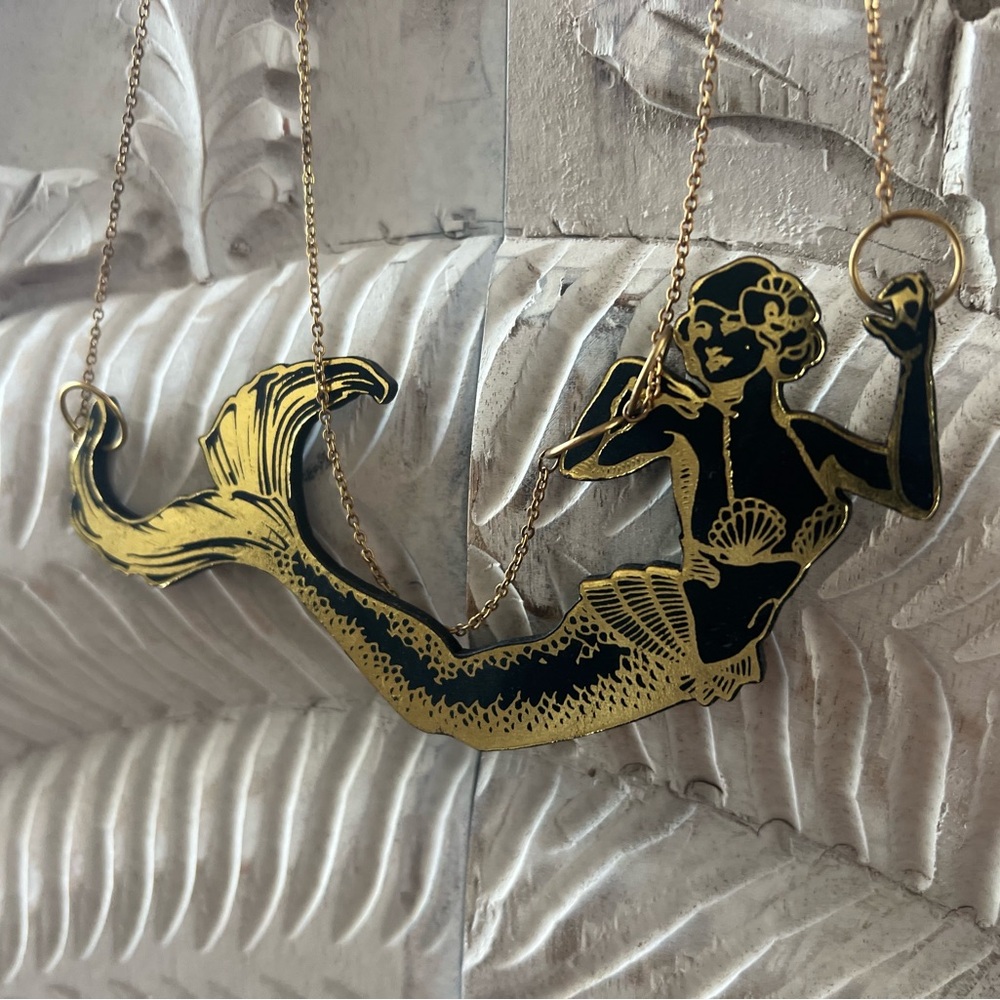 Rosita BonitaStatement Mermaid Necklace Black Gold Artisan Nautical Jewelry - Picture 2 of 7